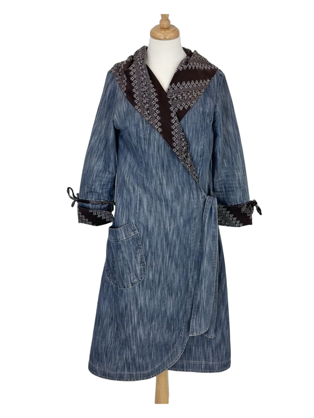 AKR Gris long denim wrap coat